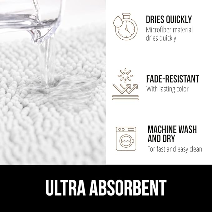 GORILLA GRIP Bath Rug Mat 70x24, Thick Soft Absorbent Chenille, Quick Dry Microfiber Mats, Rubber Backing Washable Shower Floor Rugs, Bathmat Runner, US Designed Bathroom Home Decor Accessories White