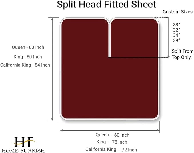 Top Split King Fitted Sheet Only for Adjustable beds, Split Down 28 inches from The Top, 600 Thread Count 100% Cotton Half Split Flex Head Fitted Sheet for Sleep Number Beds, Burgundy