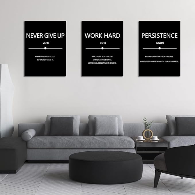 Unbruvo Inspirational Canvas Wall Art, Motivational Office Wall Decor, 3 Pieces Black Never Give Up Positive Quotes Wall Art for Workplace Living Room Bedroom(72''Wx 36''H)