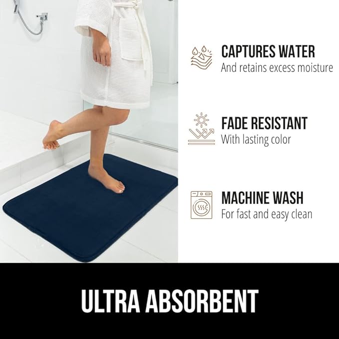 GORILLA GRIP Memory Foam Bath Rugs, Soft Absorbent Velvet Bathroom Mats, Durable Dots on Underside, Machine Washable Bathmat, Carpet Rug Room Decor for Shower Floor, 24x17 Mat, Navy Blue
