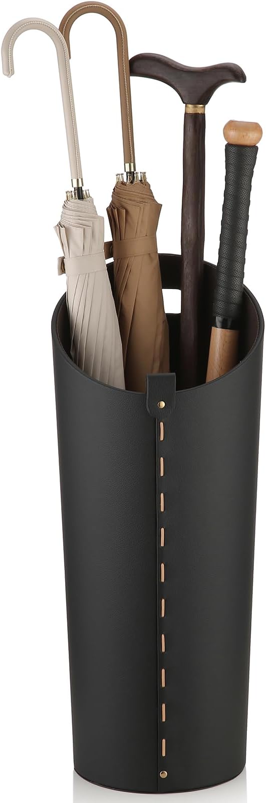 Black Umbrella Holer for Entryway with Drip Tray and 2 Steel Hooks Leahter Tall 22.44 Inches Umbrella Stand Rack Indoor Can Store 10 Golf Umbrellas or Crutches Toy Swords etc