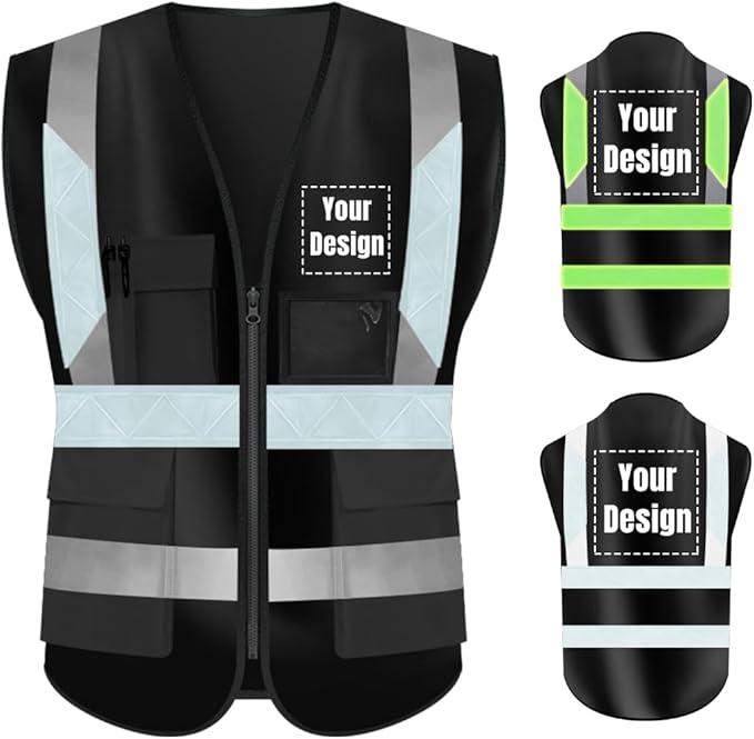 YOWESHOP High Visibility Safety Vest Custom Your Logo Protective Workwear 5 Pockets With Reflective Strips Outdoor Work Vest (L, Black Luminous)