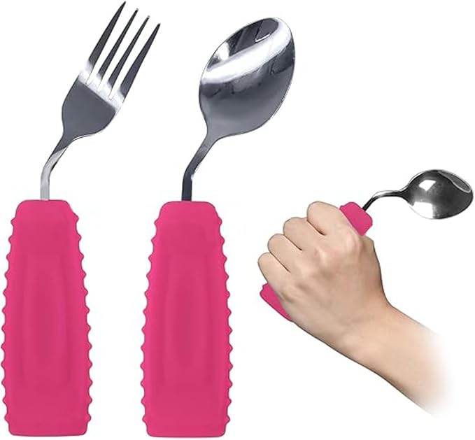 Adaptive Utensils,Weighted Angled Silverware,Parkinsons Aids,Curved Non-Slip Easy Grip Spoon and Fork Set for Tremors,Disabled,Handicap,Elderly,Arthritis (Left Hand,Pack of 2,Rose Pink)