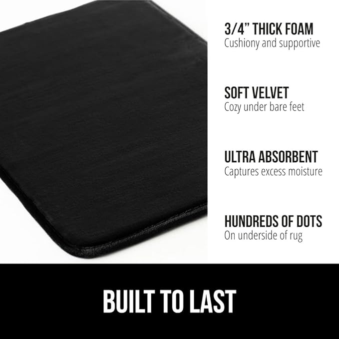 GORILLA GRIP Memory Foam Bath Mat, Soft Absorbent Velvet Bathroom Mats, Durable Dots on Underside, Machine Washable Bathmat, Carpet Rug Room Decor for Shower Tub Floor RV, 24x17 Rugs, Black