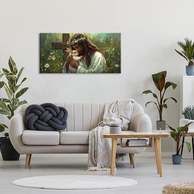 Green Jesus Love Wall Art for Living Room Canvas Painting Prints GOD Embrace Rabbit Bunny Spiritual Faith Crucifix Cross Vintage Art Deco Spring Artwork Office Bedroom Farmhouse Decor Extra Large