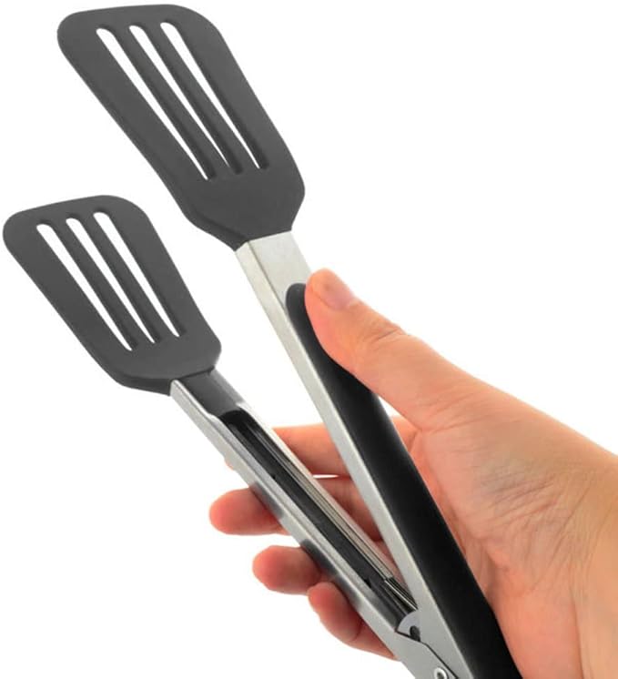 2 Pack Stainless Steel Silicone Cooking & Serving Tongs, 7 & 9 Inch, Black, Locking Handle, Heat Resistant, Dishwasher Safe