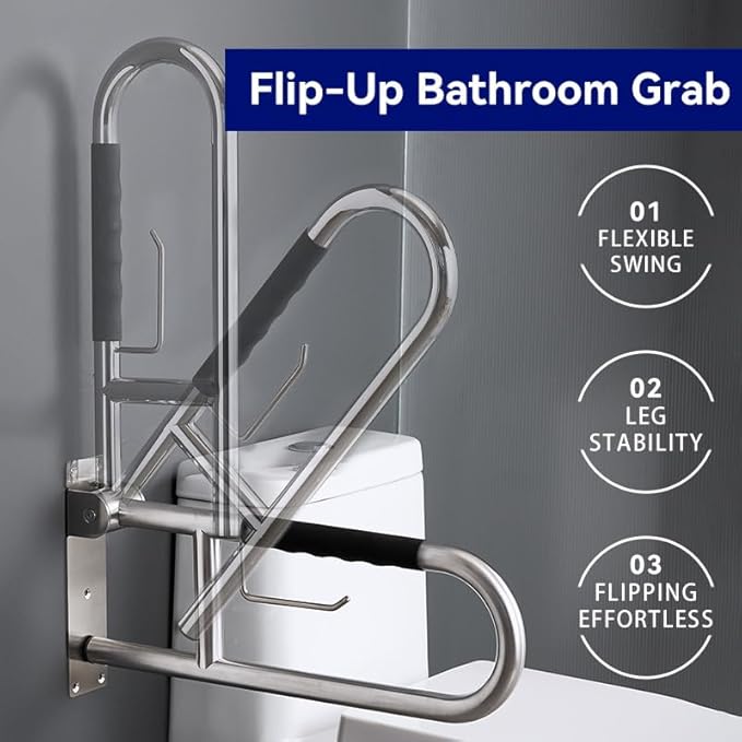 Toilet Grab Bar 23.6 Inch, BVTOURA Flip-Up Safety Rail with Soft Silicone Anti-Slip Finger-Grip Handle and Paper Holder, Stainless Steel U-Shaped Support Bar for Elderly Disabled, Brushed Nickel