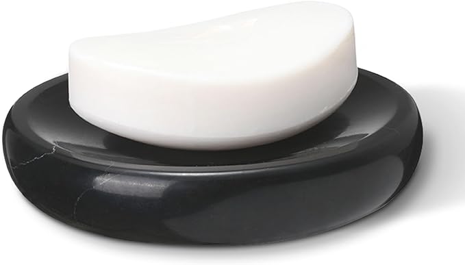 Natural Marble Soap Dish, Black Round Jewelry Dish 4.5 inch, Limestone Shower Soap Holder, Modern Stone Sponge Holder with White Stripe, Obsidian Bar Soap Saver Tray for Bathroom, Kitchen