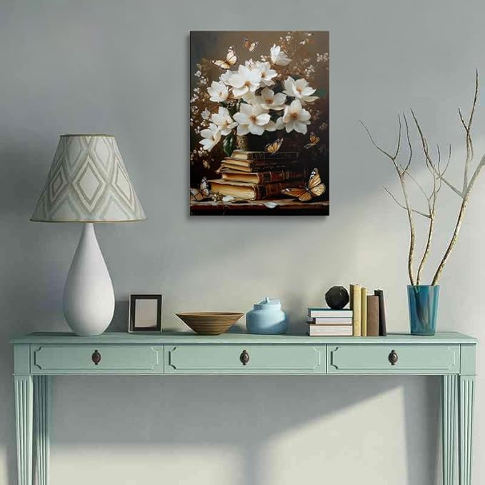 Framed Floral Book Butterfly Vintage Picture Wall Decor Gift Retro Bible Print Poster Rustic Painting Flower Canvas Wall Art for Living Room Bedroom Artwork (16"x24")