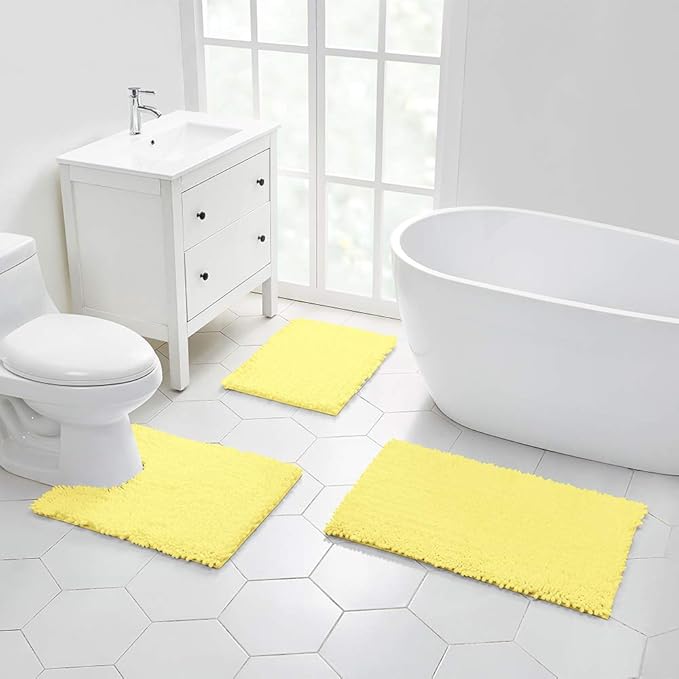 Walensee Bathroom Rug Non Slip Bath Mat (24x17 Inch Yellow) Water Absorbent Super Soft Shaggy Chenille Machine Washable Dry Extra Thick Perfect Absorbant Best Small Plush Carpet for Shower Floor