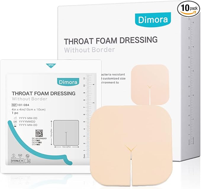Dimora Fenestrated Foam Dressing, Non-Adhesive Tracheo Pads 4"x4" 10 Packs, Tracheostomy Supplies Hydrophilic Highly Absorbent Soft Wound Dressings, Secure Tubes and Absorb Leakage