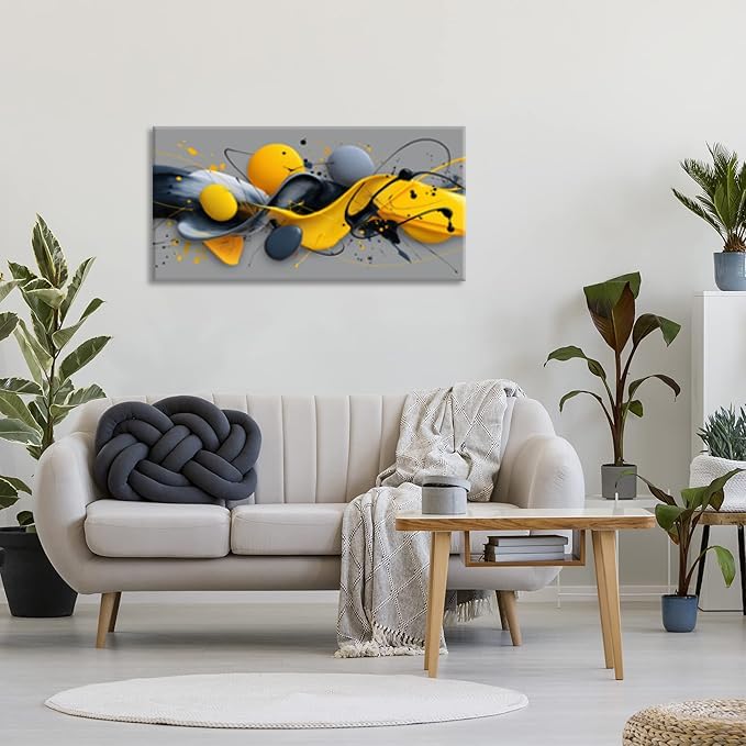 Yellow Abstract Splash Pigment Wall Art for Living Room Canvas Painting Prints Dynamic Art Deco Gray Vibrant Artwork Office Bedroom Family Decor Extra Large