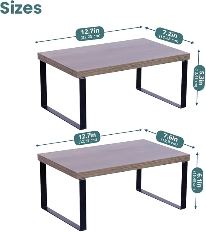 Sben Cabinet Organizer Shelf, Set of 2 Kitchen Counter Shelves, Kitchen Storage, Spice Rack, Stackable, Expandable, Metal and Engineered Wood, Ink Black and Brown Surface