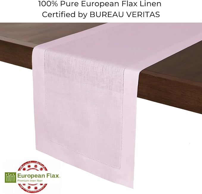 D'Moksha Homes Linen Pastel Pink Table Runner 108 Inches Long - 100% Pure Linen 14 x 108 Inch Table Runner for Valentines, Spring, Easter - Classic Hemstitch