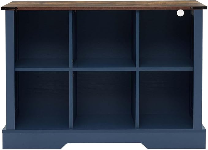 6 Cube Bookcase, Wooden Cube Storage Organizer Shelf, Blue Horizontal Book Shelf with LED Lights, Freestanding Display Cabinet for Living Room, Hallway TV Stand for Entryway