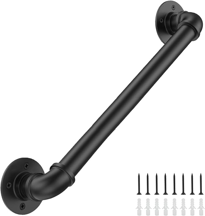 4FT Industrial Stair Railing Wall Mount Staircase Handrail φ1.3 Pipe Hand Rail for Steps Grab Bar Foot Rail Vintage Pipe Railing Black Deck Handrail for Outdoor Indoor Stairs Porch