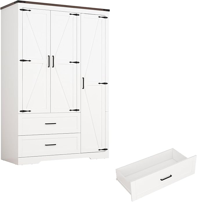 3 Doors Wardrobe Armoire Closet with Doors and Drawers, Farmhouse Wooden Armoire Storage Cabinet with Shelves & Hanging Rod for Bedroom, White