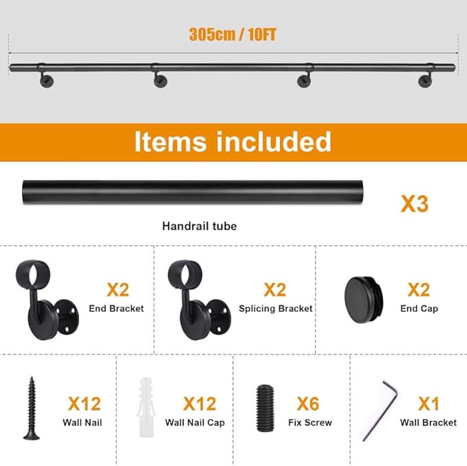 10Ft Industrial Metal Stairs Handrail Kit, Sturdy Wall Mount Aluminum Hand Rail, Indoor Outdoor Stair Railing Wood Concrete Brick Wall,1.5 in Round Pipe Grab Bar, Matte Black-10FT