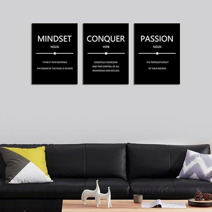 Unbruvo Motivational Wall Decor for Office, 3 Pieces Inspirational Canvas Wall Art, Mindset Passion Conquer Canvas Poster, Positive Quotes for Entrepreneur Meeting Room Lobby Bedroom(72''Wx 36''H)