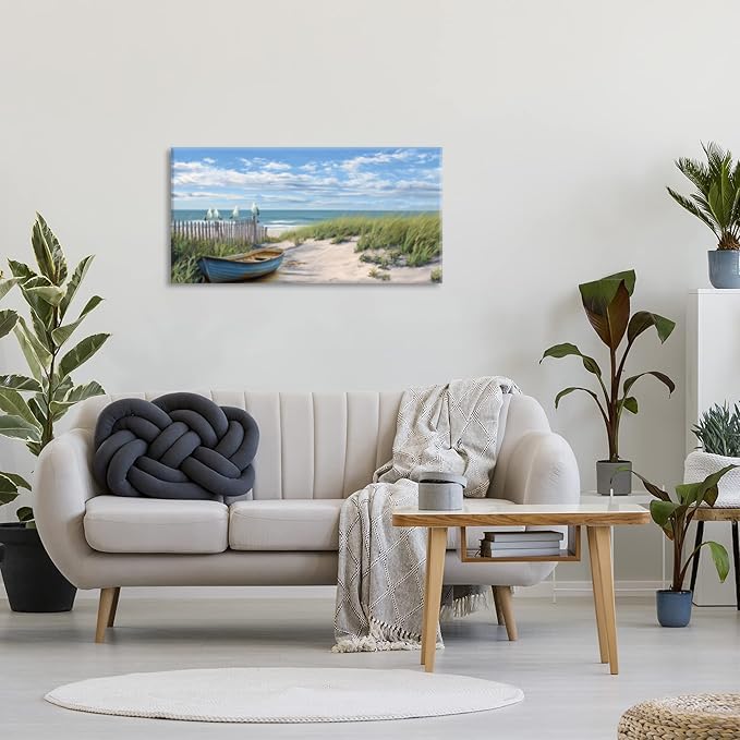 Coastal Blue Seascape Beach Sail Boat Wall Art for Living Room Office Scenic Landscape Art Deco Green Painting Prints Nature Summer Canvas Artwork Over The Couch Bedroom Decor