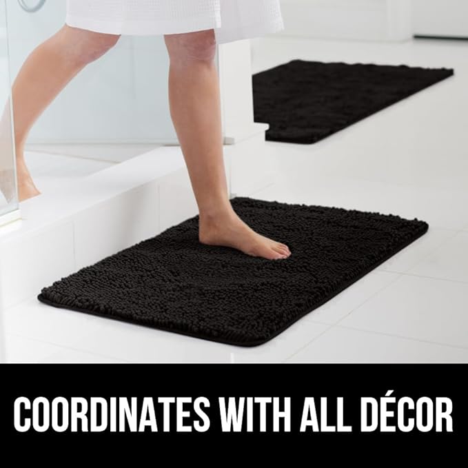 GORILLA GRIP Bath Rug Mat 42x24, Thick Soft Absorbent Chenille, Quick Dry Microfiber Mats, Rubber Backing Washable Shower Floor Rugs, Bathmat Runner, US Designed Bathroom Home Decor Accessories Black