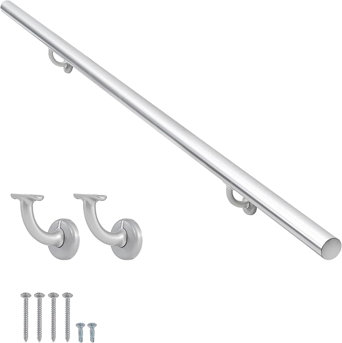 7 FT Modern Aluminum Handrail Set, handrails for Indoor Stairs,Deck,Slope, Wall Mounted Staircase handrails, Zink Alloy Brackets Included,Rust Free. (Anodized Silver, 7 FT)