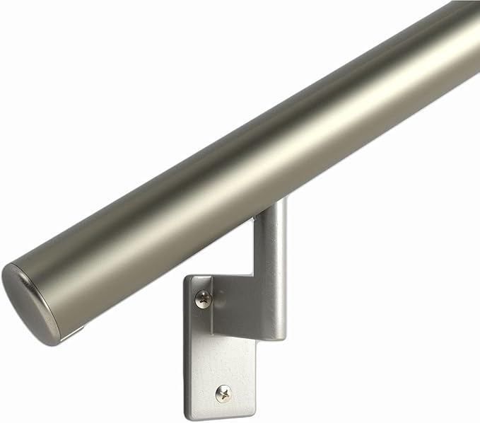 Promenaid 16ft Flush Handrail Kit - Champagne - Complete Indoor/Outdoor Handrail for Stairs - 1.6" Round Anodized Aluminum Railing with 5 Nickel Plated Pivoting Wall Brackets & Flush Endcaps