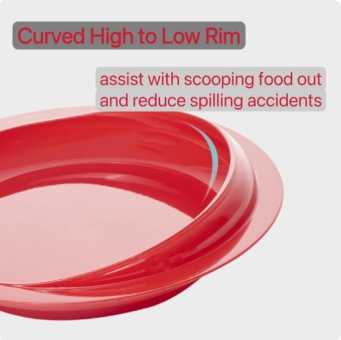 pekokavo Spill Proof 9.2" Scoop Plate with Non-Skid Suction Base, Adaptive Self-Feeding Dinnerware for Elderly Disabled, Pack of 2 (Red Plates)
