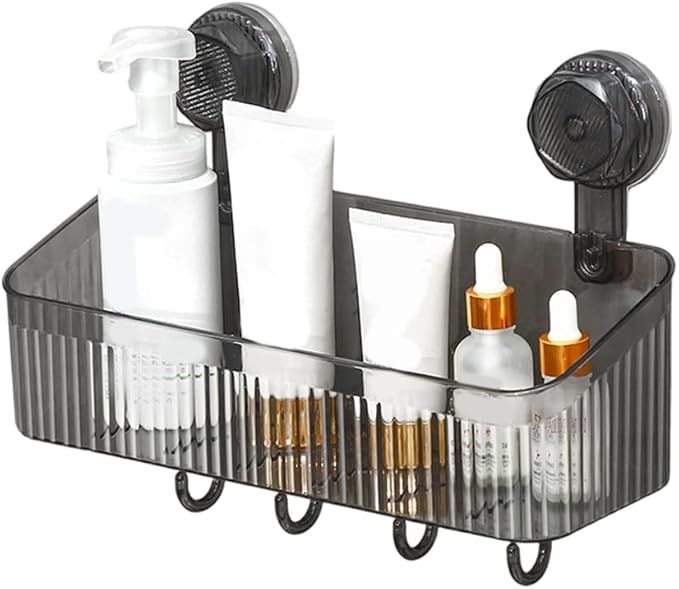 No-Drill Bathroom Suction Storage Box, Corrugated Suction Cup Wall Organizer, Removable Hanging Storage Basket with Strong Hold, Acrylic Shower Caddy for Bathroom (Grey L)