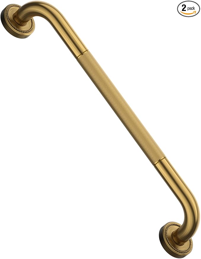 20 Inch Bronze Shower Grab Bar Gold, Munzong Antique Brass Bathroom Grab Bar w/Anti-Slip Knurled Grip, Bathroom Balance Bar, Safety Bath Handrail Support, Handicap Injury Elderly Senior Assist Handle