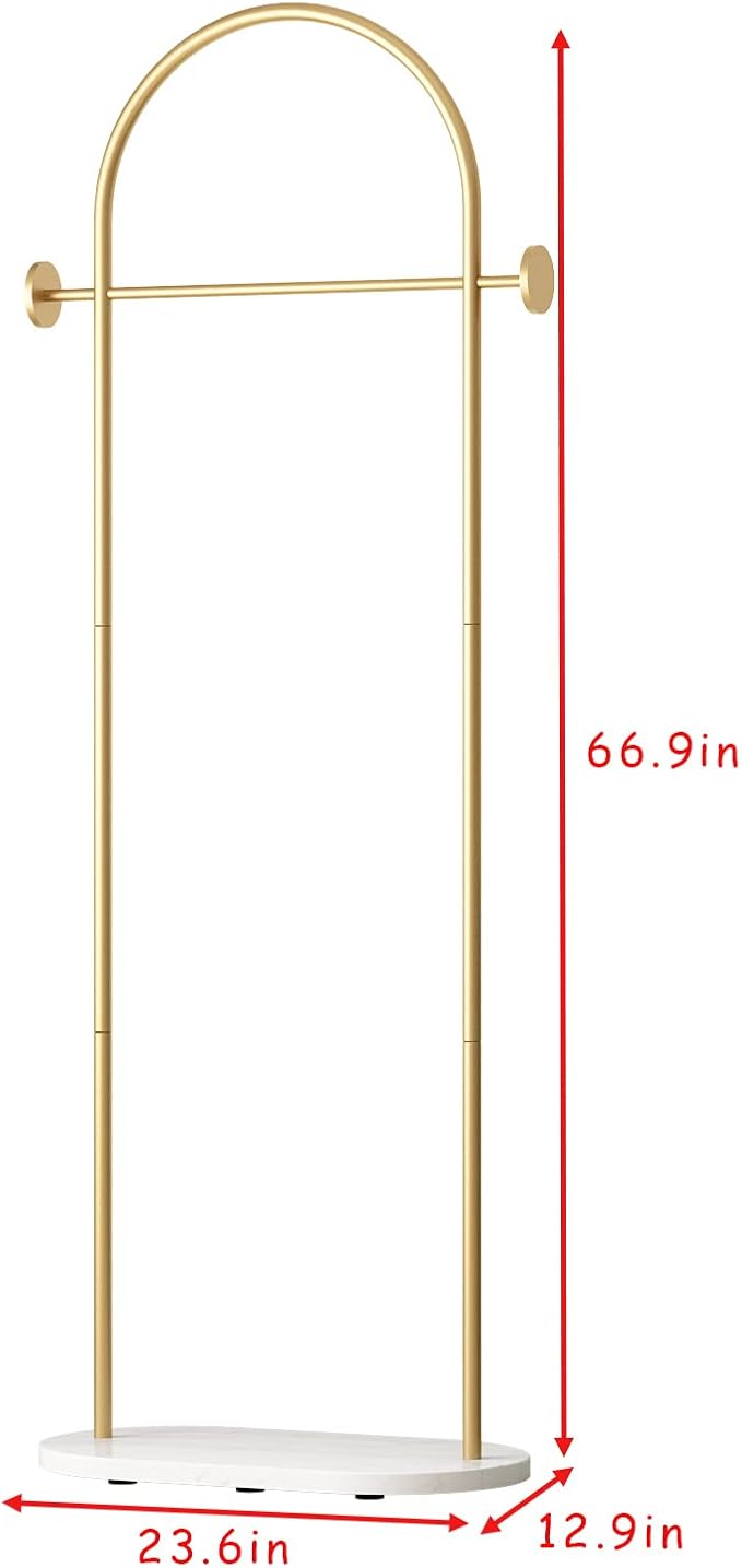 DR.IRON Modern Gold Clothes Racks with Shelves Freestanding, Gold Coat Racks with Marble Base & Coat Hanger with Umbrella for Entryway Hallway, Office or Bedroom