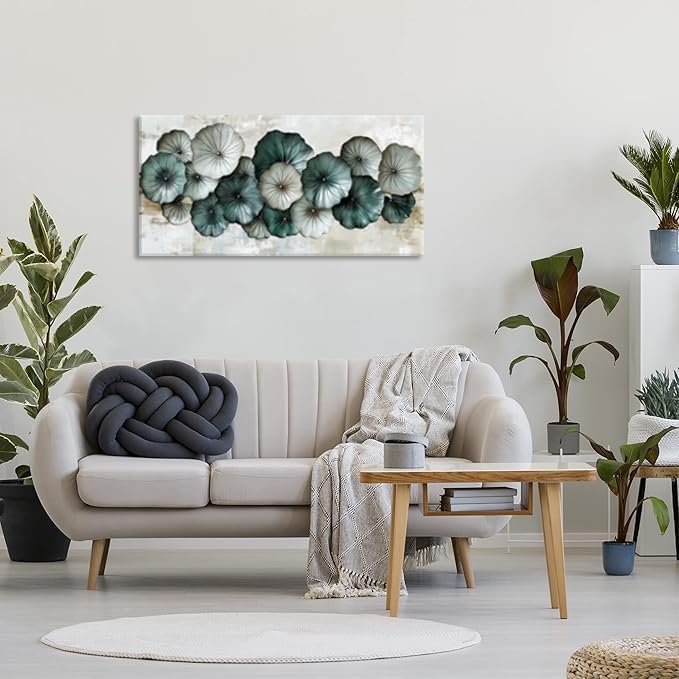 Abstract Cyan Floral Flower Wall Art for Living Room Office Contemporary Art Deco White Painting Prints Modern Canvas Artwork Over The Couch Bedroom Decor Extra Large