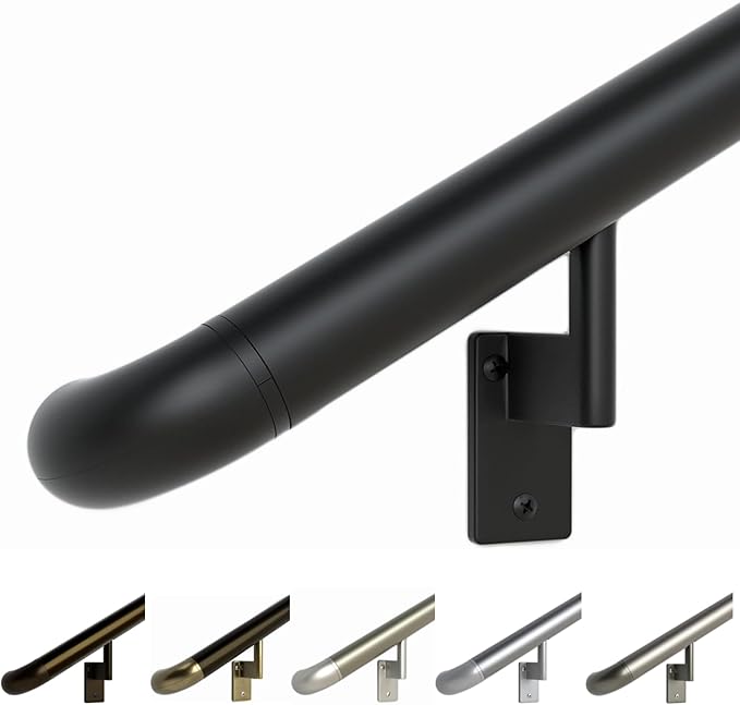 Promenaid 11ft ADA Handrail Kit - Black - Complete Indoor/Outdoor Handrail for Stairs - 1.6" Round Anodized Aluminum Railing with 5 Satin Black Painted Pivoting Brackets & ADA Wall Returns