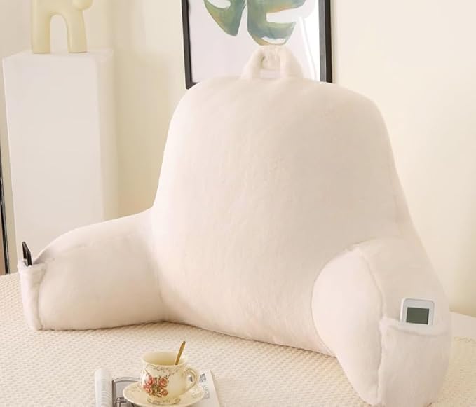 Reading Pillow for Sitting in Bed, Large Backrest Reading Pillow with Arm Rest,Back-Rest Support Cushion for Sit Up on Couch, Sofa, and Floor, Dorm Essentials (White Faux Fur, Standard(17"))