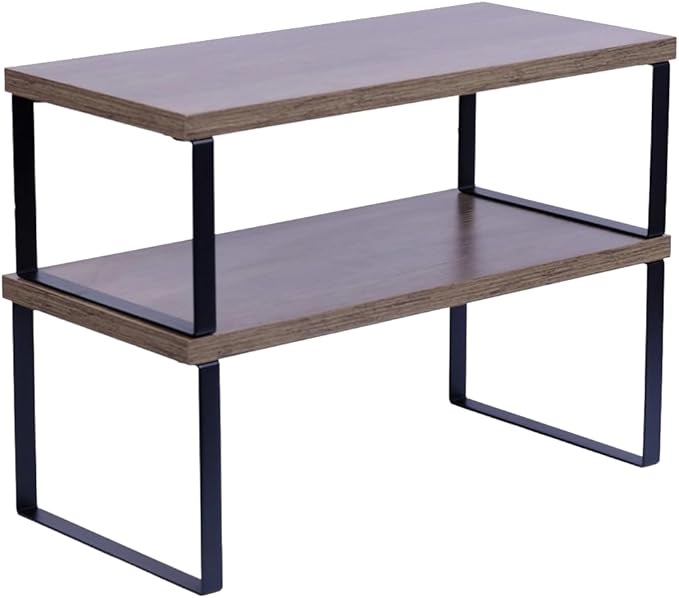 Sben Cabinet Organizer Shelf, Set of 2 Kitchen Counter Shelves, Kitchen Storage, Spice Rack, Stackable, Expandable, Metal and Engineered Wood, Ink Black and Brown Surface