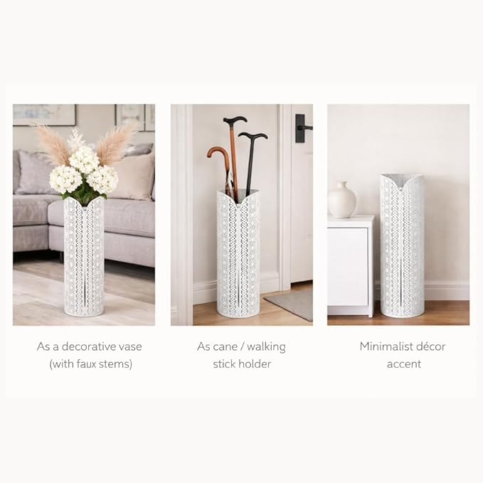 Concepts 21 inch Heavy Duty Metal Umbrella Stand - Durable Storage Holder for Umbrellas - Indoor and Outdoor Use - Stylish and Modern Organizer for Entryways. (White Side Slit)