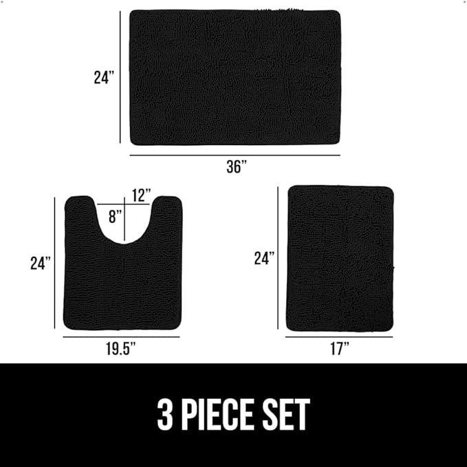 GORILLA GRIP Bathroom Rug Sets 3 Piece, Bath Mat Set and Oval Toilet Base with Rubber Backing, Plush Absorbent Shaggy Chenille Washable Mats, Includes 24x19.5, 24x17 and 36x24 Inch Rugs, Black