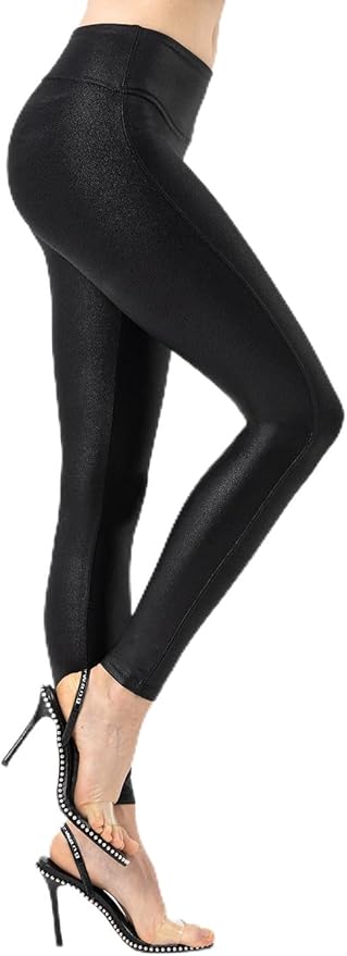 Ginasy Faux Leather Leggings for Women Tummy Control Stretch High Waist Pleather Pants with Thin Fleece Lined