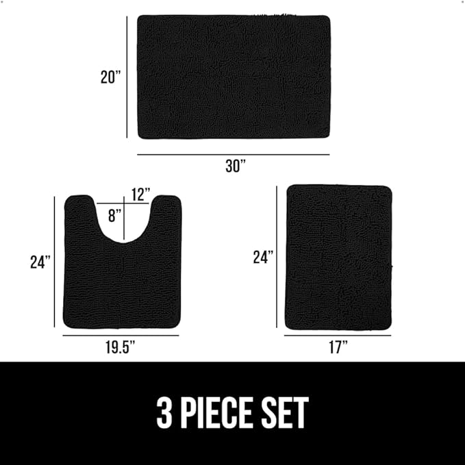 GORILLA GRIP Bathroom Rug Sets 3 Piece, Bath Mat Set and Oval Toilet Base with Rubber Backing, Plush Absorbent Shaggy Chenille Washable Mats, Includes 24x19.5, 24x17 and 30x20 Inch Rugs, Black