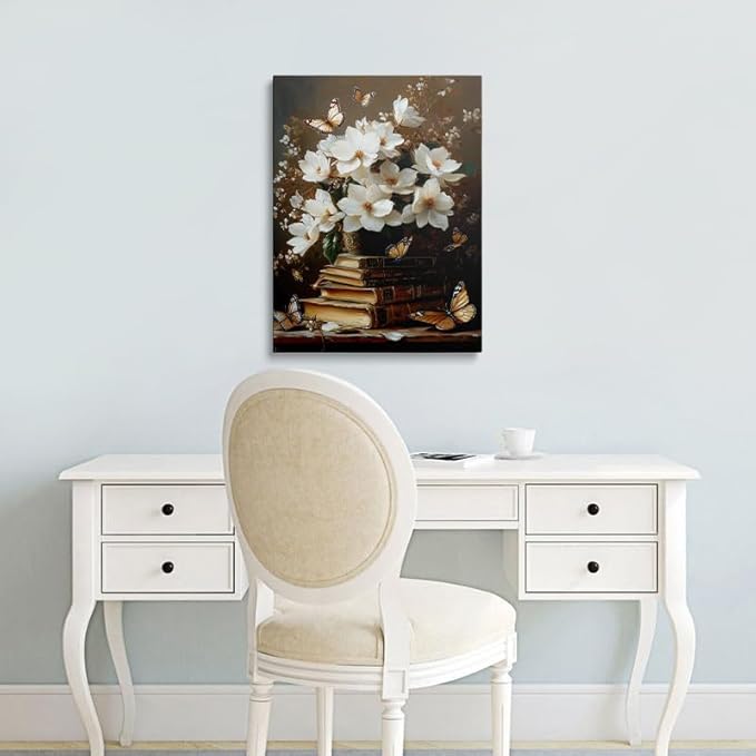 Framed Floral Book Butterfly Vintage Picture Wall Decor Gift Retro Bible Print Poster Rustic Painting Flower Canvas Wall Art for Living Room Bedroom Artwork (16"x24")