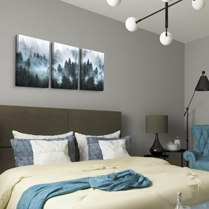 DZRWUBHS Canvas Wall Art - Modern Family Decor For Living Room, Bedroom & Office - Foggy Forest Trees Landscape Wall Painting - 3 Piece Set