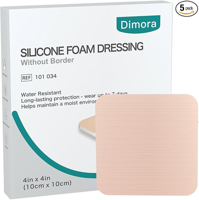Dimora Silicone Foam Dressing Without Border 4"x 4" Highly Absorbent Adhesive Wound Bandage Cuttable Pads First Aid Bandage for Wound Care 5 Pack