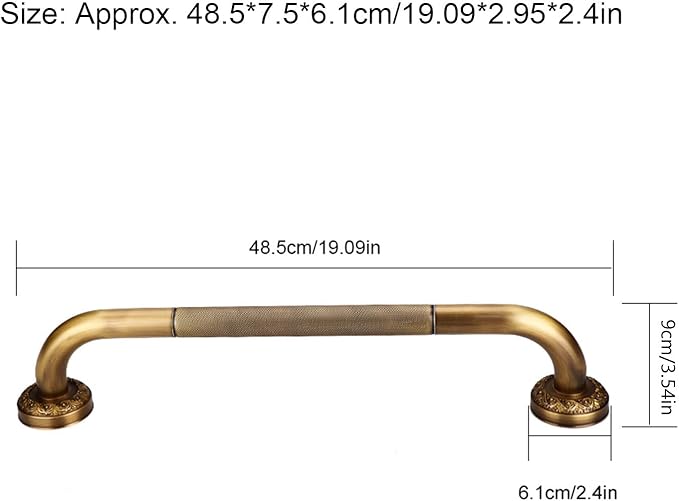 Shower Grab Bar, 19.09x3.54x2.4in Antique Style Brass Carved Shower Tub Safety Grab Bar Anti Slip Safety ShowerHandle Wall Mounted Bathroom Accessories for Bathtub Hand