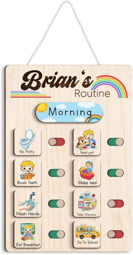 Wooden Chore Chart for Kids Visual Schedule, Routine Chart for Kids, Morning Bedtime Routine Chart for Toddlers Ages 2-4, Daily Kids Schedule Board for Home (08)