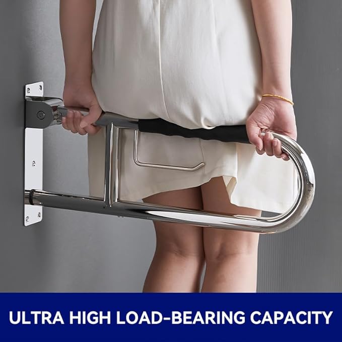 31 Inch Toilet Grab Bar, Flip-UpSafety Rail with Soft Silicone Anti-Slio Finger-Grio Handle andPaper Holder, Stainless Steel u-Shaped Support Bar for ElderlyDisabled, Polished Chrome