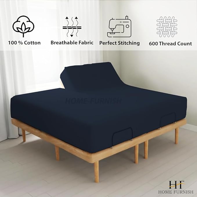 Half Split King Fitted Sheet for Adjustable Beds - 34 Inch Top Split, 600 Thread Count 100% Cotton, Navy Blue Solid