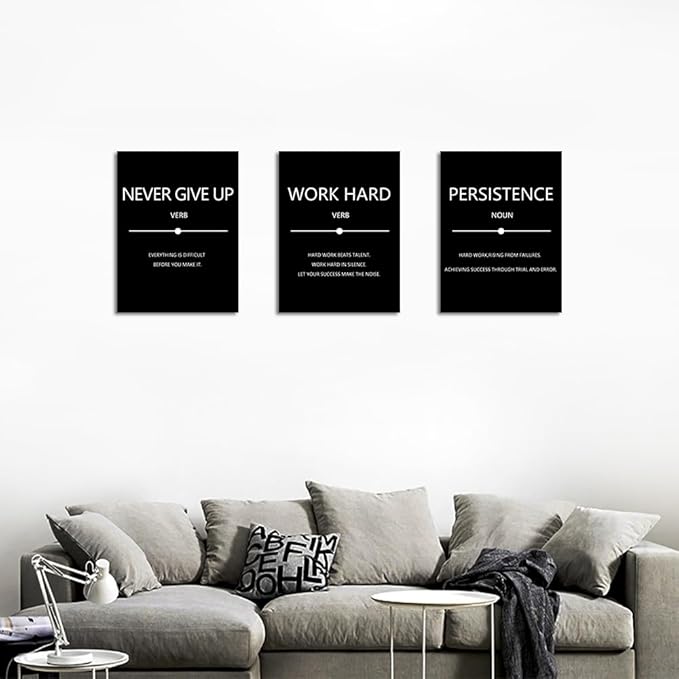 Unbruvo Inspirational Canvas Wall Art, Motivational Office Wall Decor, 3 Pieces Black Never Give Up Positive Quotes Wall Art for Workplace Living Room Bedroom(48''Wx 24''H)