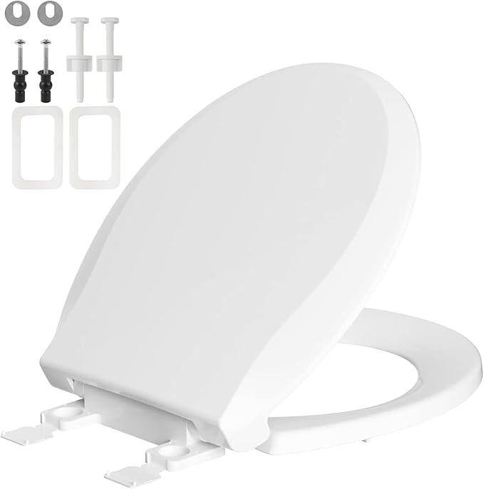 Round Toilet Seat Soft Close, 16.5" Standard Round Toilet Lid Replacement Compatible with TOTO/Kohler/Gerber/American Standard, Four Bumpers Never Loosen, 2-pack Toilet Bolts and Nuts, Cotton White