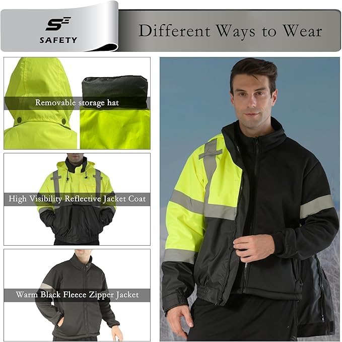sesafety High Visibility Reflective Jackets for Men Waterproof, 3 In 1 Hi-Vis Reflective Winter Bomber Safety Rain Coat with Zipper Sweater, Construction