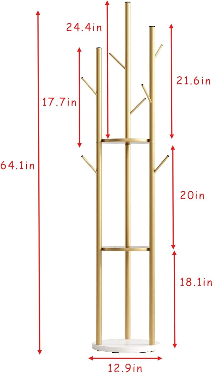 Metal Gold Coat Racks Freestanding, Coat Hanger Stand, Hall Tree Rack for Hanging Hats, Scarves, Bags, Modern Coat Rack with Double Shelves, Corner Coat Rack, 9 Hooks, Gold
